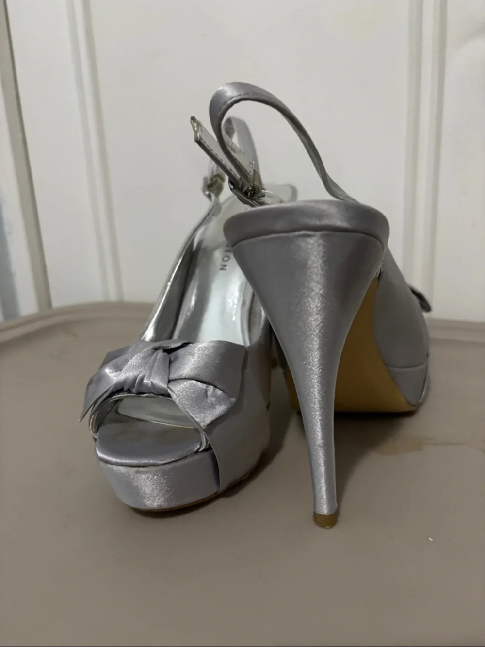 Silver Satin Peep-Toe Slingback Heels with Knot Detail